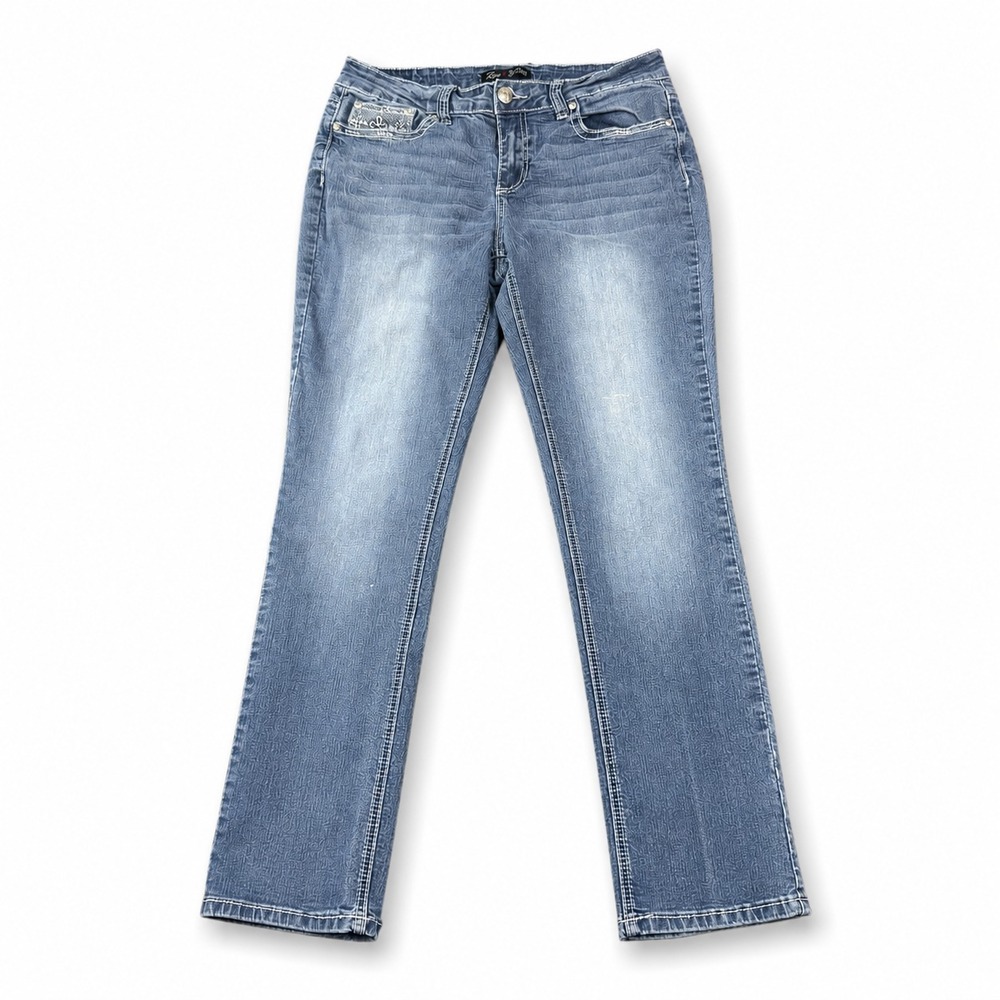 Love Indigo Women's Straight Leg Jeans Size 12 Stretch Embroidered Cross Pockets